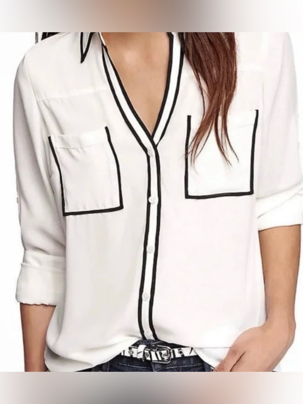 EXPRESS White and Black Button Up Portofino Blouse Size XS - Picture 2 of 8